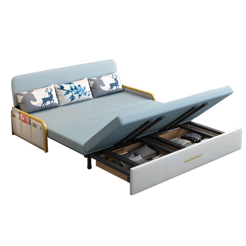 Glam Round Arms Futon Frame Bonded Leather Blue Sleeper Sofa