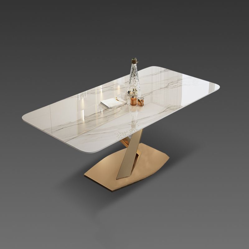 Modern Style Sintered Stone Dining Table with White Table and Gold Trestle Base for Home Use