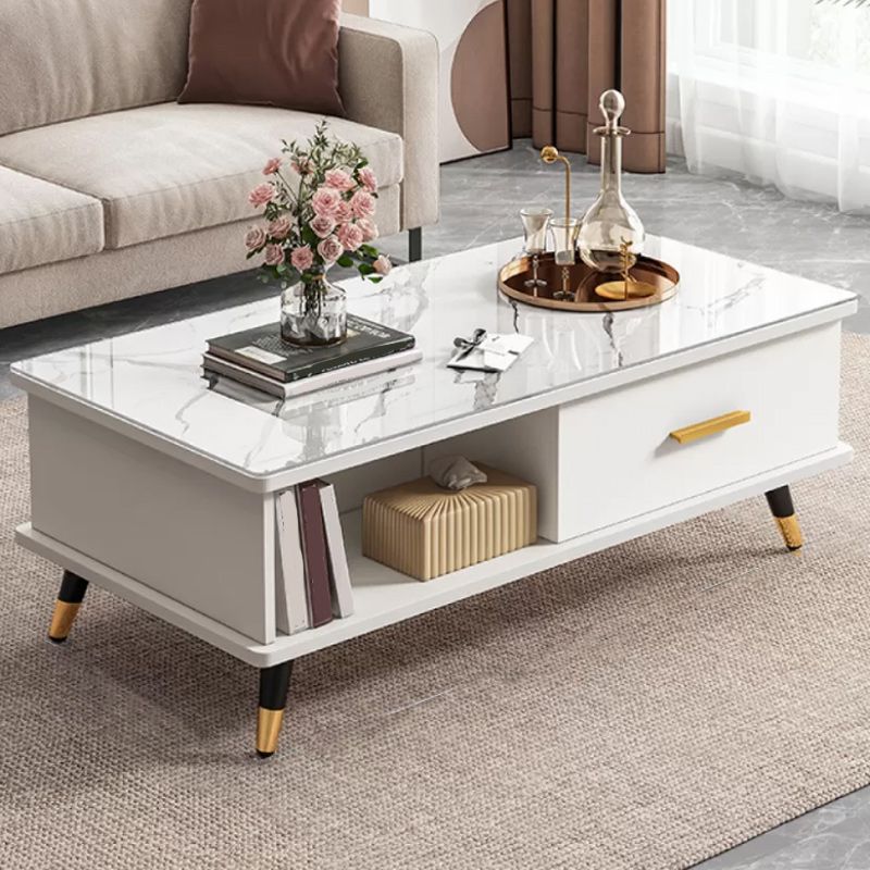 Contemporary 4 Legs Coffee Table Stone Cocktail Table with Storage Drawer