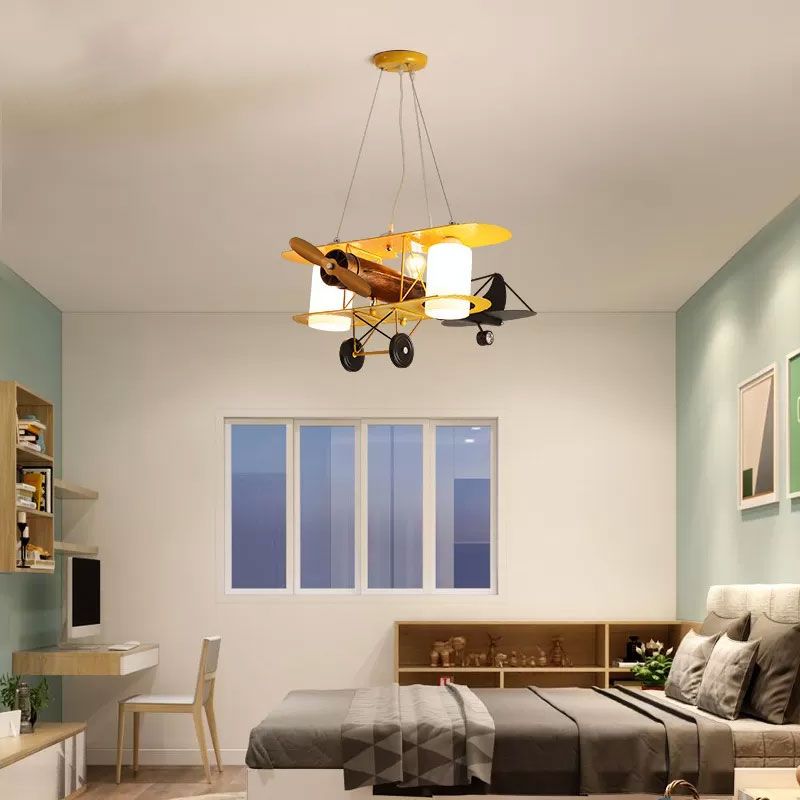 Aircraft Shaped Metal LED Lighting Fixture Modern Yellow Chandelier Light for Child Room