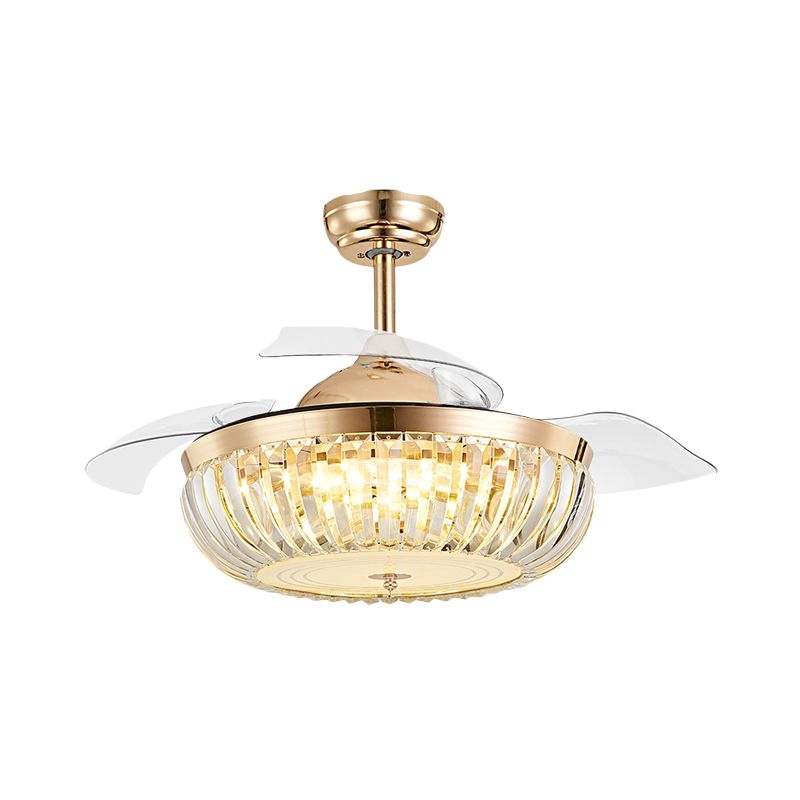 19.5" Width 4 Blades LED Crystal Semi Flush Minimalist Gold Bowl up Living Room Hanging Fan Lighting