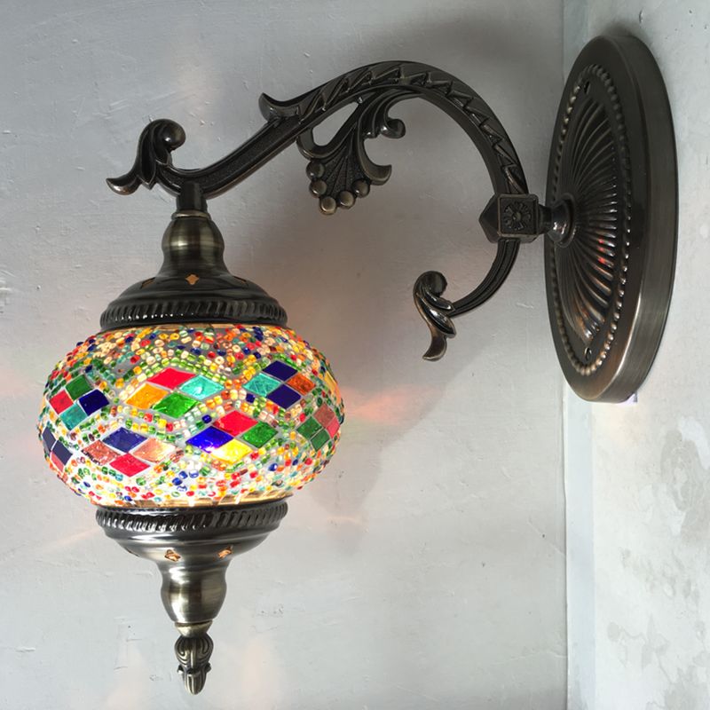 Curved Arm Sconce Light Traditionary Metal 1 Head Bronze Wall Mounted Lamp with Ball Yellow/Green Glass Shade for Balcony