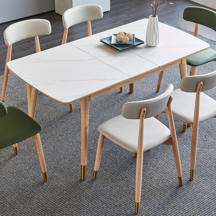 Rectángulo 4 patas Mesa de mediados del siglo Mesa blanca extensible con piedra sinterizada