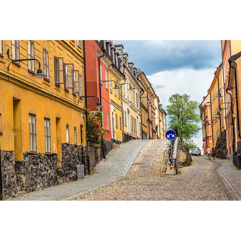 Photography Town Buildings Wall Mural for Living Room, Yellow, Custom Size Available