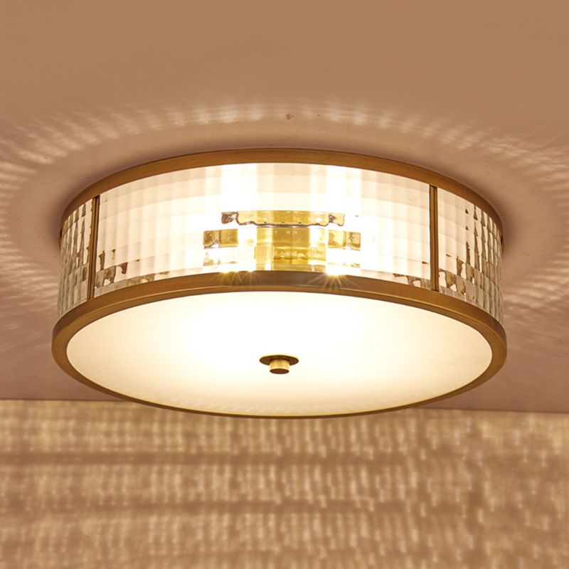 3/4/5 Bulbs Drum Ceiling Mount Colonial Brass Frosted Crystal Glass Flush Light Fixture for Bedroom, 14"/18"/23.5" W