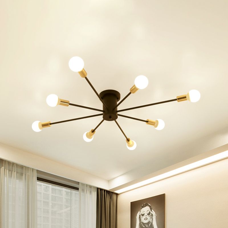 6/8 Heads Bare Bulb Semi Flush Mount Light Vintage Style Black/White Metallic Ceiling Light Fixture for Kitchen