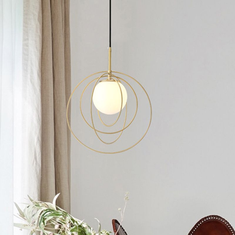 Moveable Wire Cage Pendulum Light Simple Novelty Metal 1 Bulb Gold Hanging Pendant with Ball Opal Glass Shade
