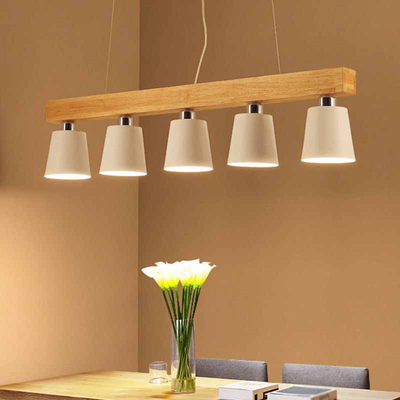 Nordic Modern Wood Island Pendant with Tapered Metal Lampshade Work Room Hanging Lamp