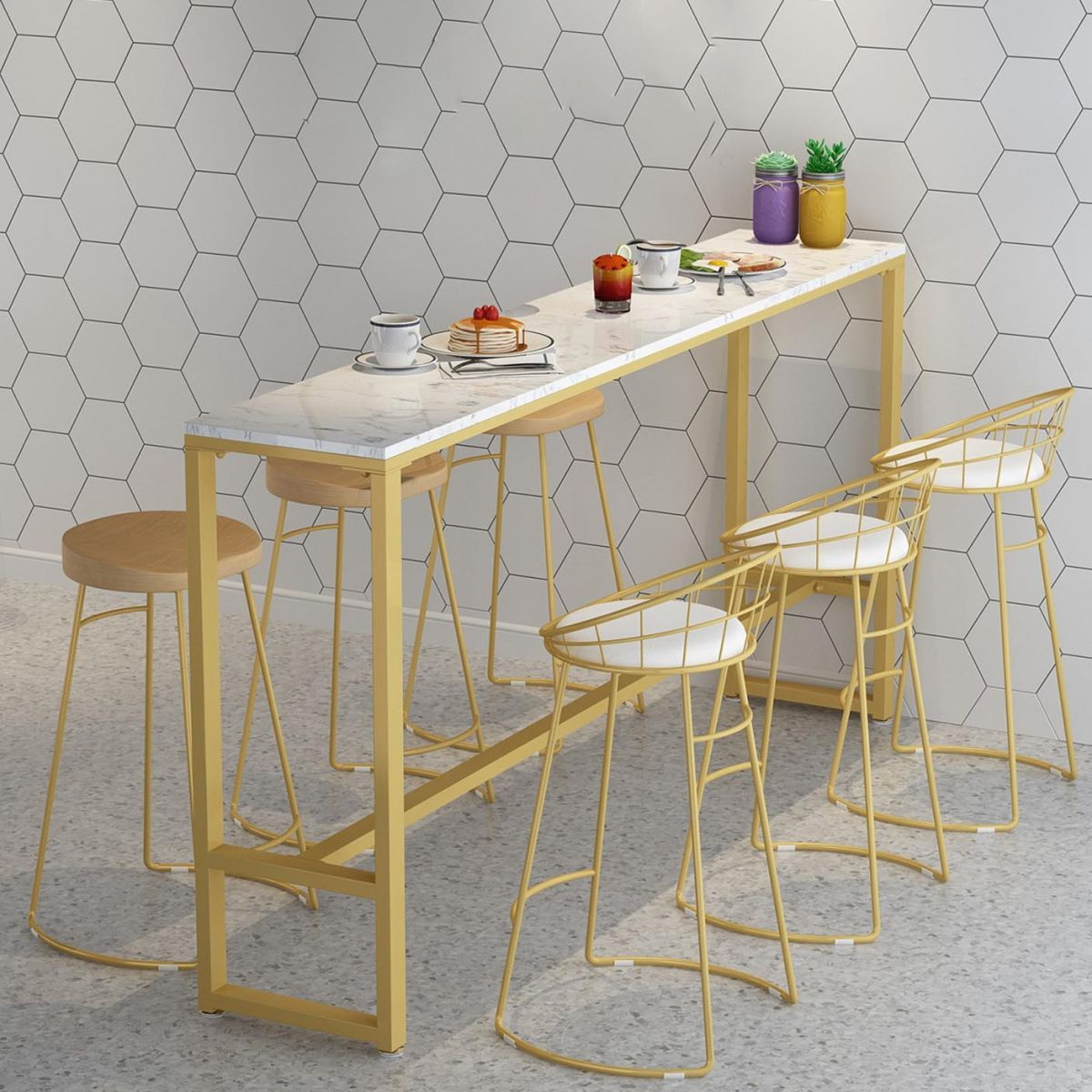 Modern Marble Bar Table Set 1/2/7 Pieces Rectangle White Trestle Table and Stool Set