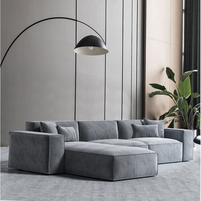 Square Arm Sectional Sofa Gray 4-seat Sofa & Chaise with 4 Pillows