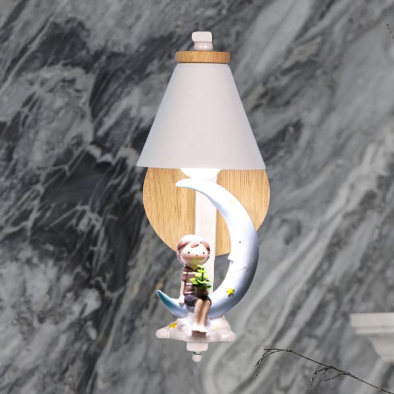 Tapered Iron Wall Mount Lamp Cartoon 1 Light Pink/Blue and Wood Sconce Light with Moon/Portrait Decor