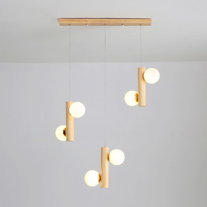 Contemporary Modo Suspension Light Cream Glass Dining Room Multi Light Pendant in Wood