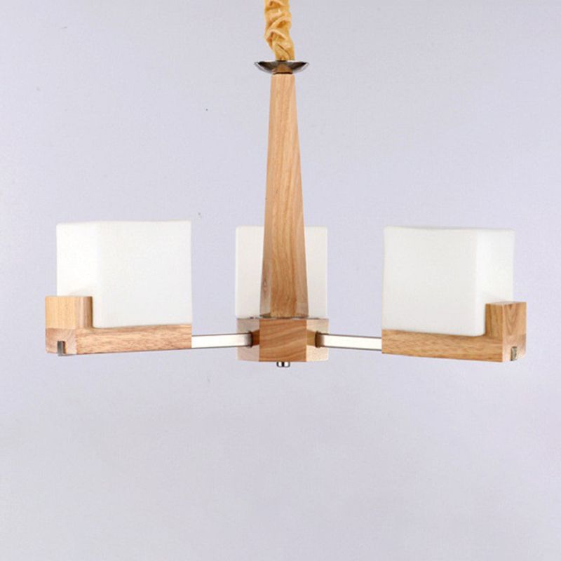 Modern Singularity Radial Pendant Light Wooden Indoor Chandelier with White Frosted Glass Shade
