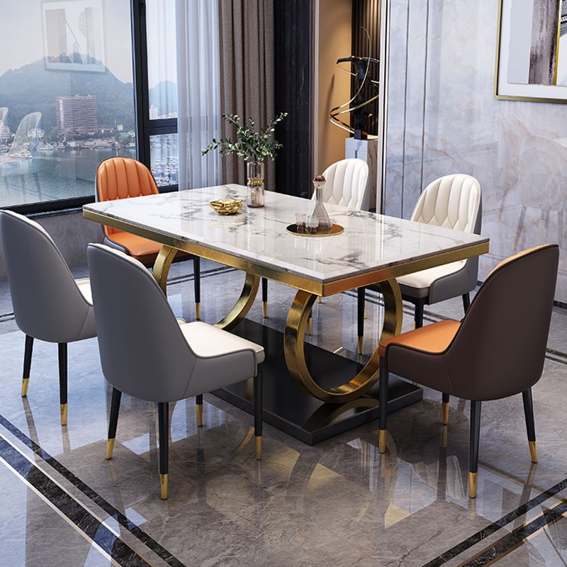 Mesa de comedor de mármol de lujo para mesa rectangular de restaurantes con pedestal de metal dorado