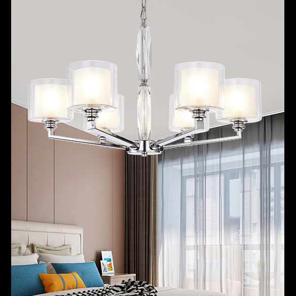 Chrome Metal Radial Pendant Light Modern Cylindrical Clear Glass Shade Bedroom Chandelier Lighting