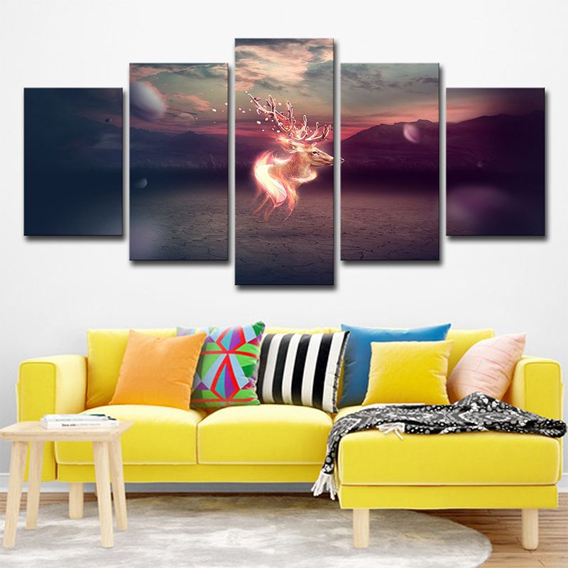 Sika Deer Canvas Kids Style Dreamy Fantasy Wall Art in Orange for Living Room