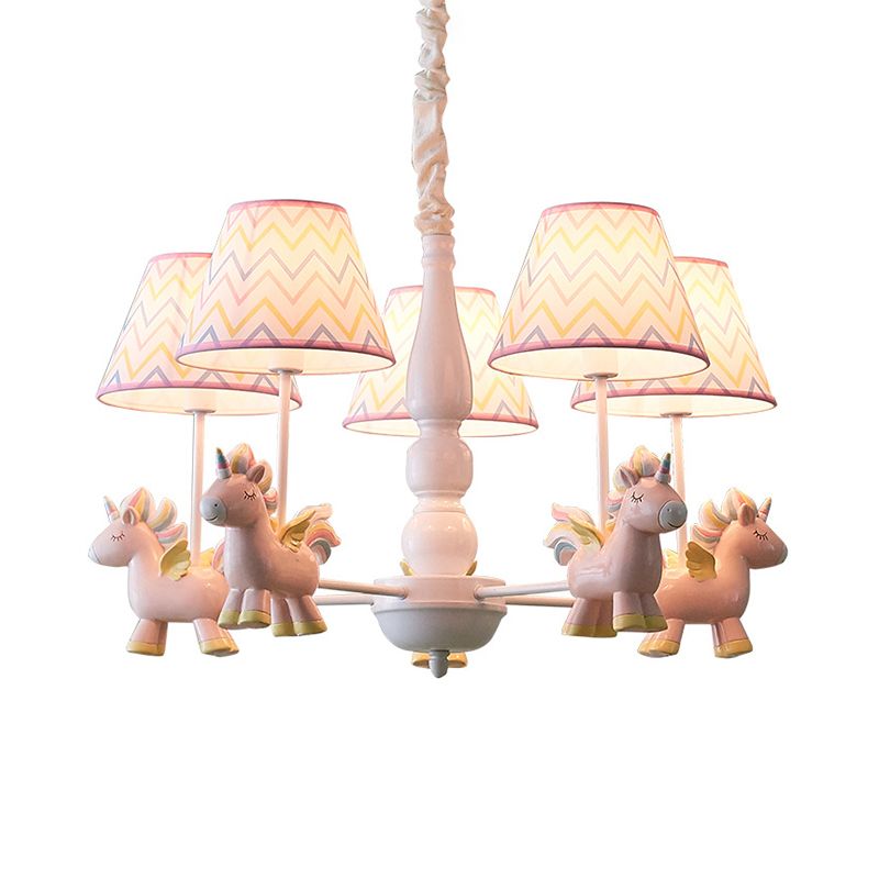 Tapered Shade Chandelier Kid Fabric 5 Bulbs Pink Pendant Light Fixture with Unicorn Figurine