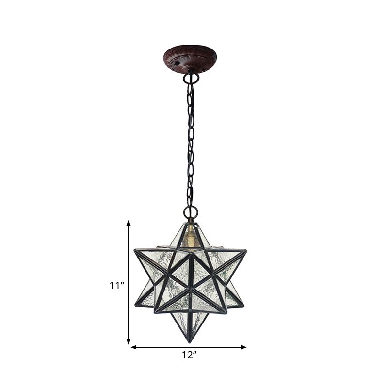 Star Pendant Light Fixture Mission Clear Ripple Glass 1-Light Black Drop Lamp for Dining Room