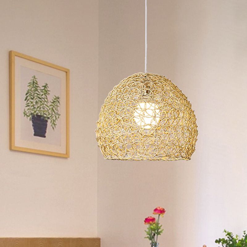 Hemispherical Pendulum Light Simple Bamboo Single Beige Pendant Light Fixture for Dining Room