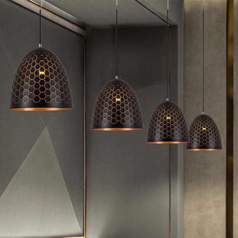 1 Bulb Domed Drop Pendant Factory Black Metal Suspension Light with Honeycomb Pattern, 10"/12"/16" Wide