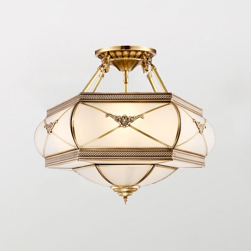 Bowl Shaped Frost Glass Flush Mount Lighting Classic Bedroom Semi Flush Chandelier in Gold