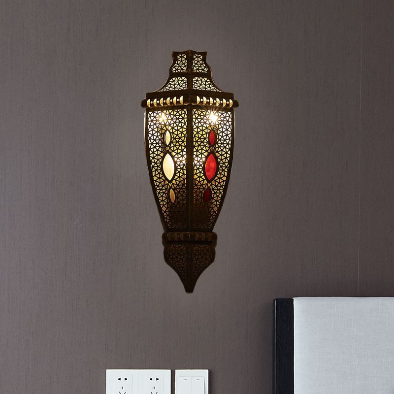 2-Bulb Wall Sconce Lamp Arab Style Hollow Out Metallic Wall Flush Mount Light in Black