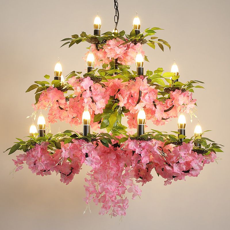 3-Tier Candle Iron Chandelier Light 21 Heads Restaurant Flower Ceiling Pendant Lamp in Pink