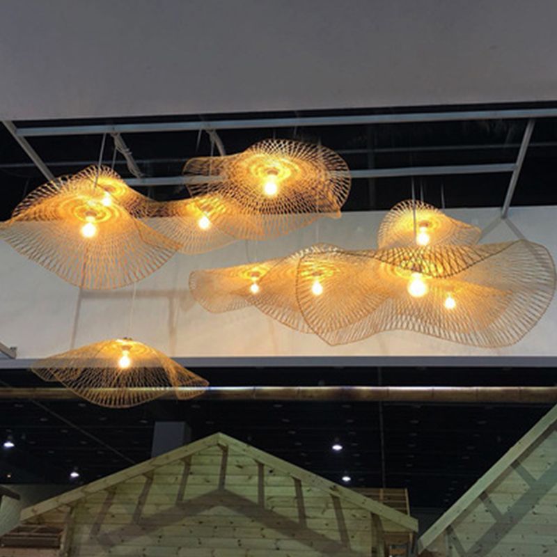 Asian Lotus Leaf Shape Pendant Lighting Bamboo 1 Bulb 14"/25.5"/41" Wide Restaurant Hanging Light Fixture in Beige