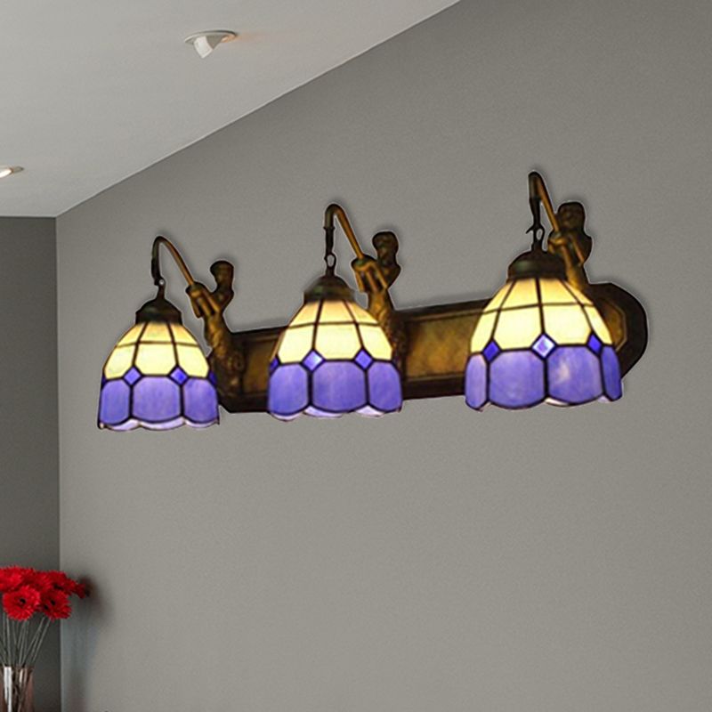 Blue Glass Grid Patterned Sconce Light Tiffany 3 Heads Antique Brass Wall Mounted Light