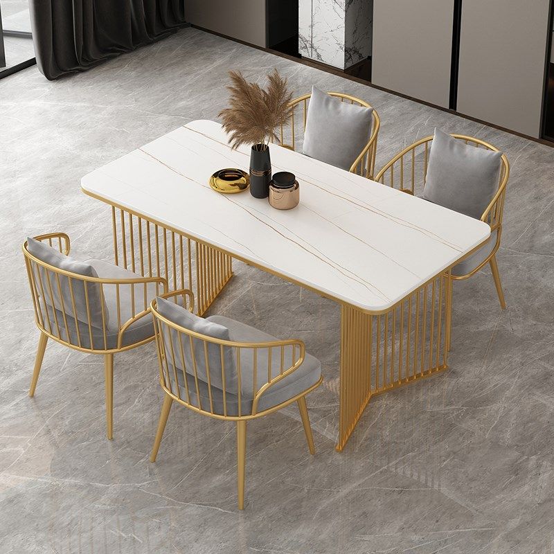 Rectangle Stone Dining table Gold Frame Traditional Luxury Double Pedestal Table