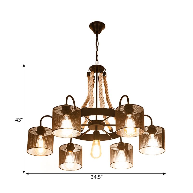 Cylinder Mesh Metal Shade Chandelier Lampe Vintage Style 6 Heads Restaurant Hanging Light in Beige