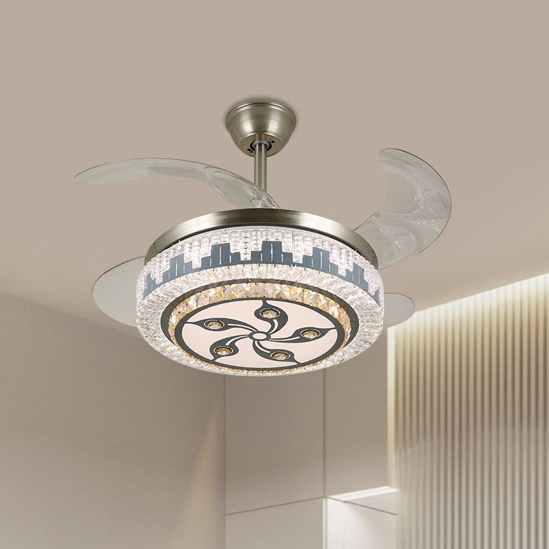 Edelstahl-LED-LED-Lüfterlampe moderne klare Kristallblöcke rundes Halbflush-Licht mit 4 Klingen, 19 "Breite