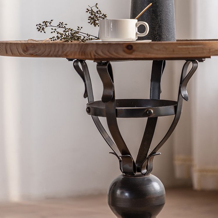 French Country Round Wood Top Side Table Iron Pedestal End Table