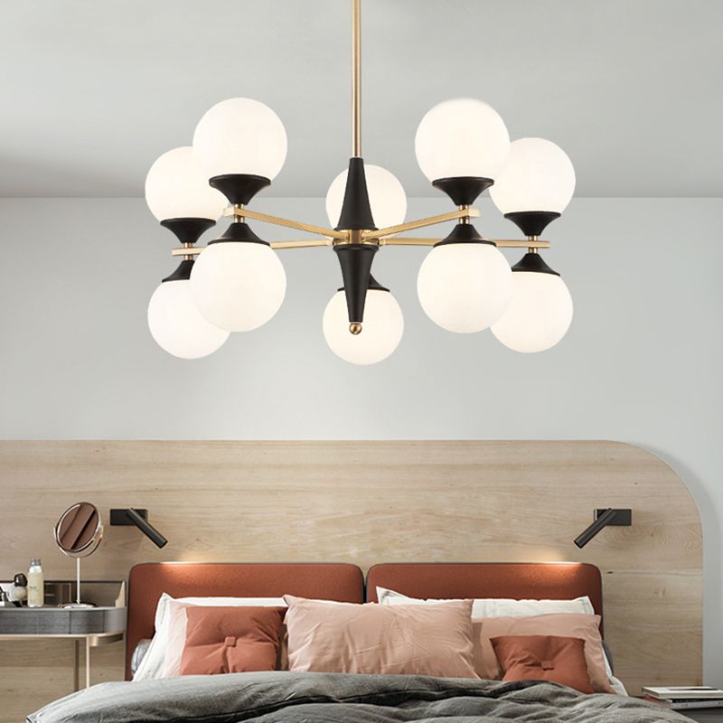 Globe Chandelier Post-modern White Glass Living Room Hanging Light in Black and Gold