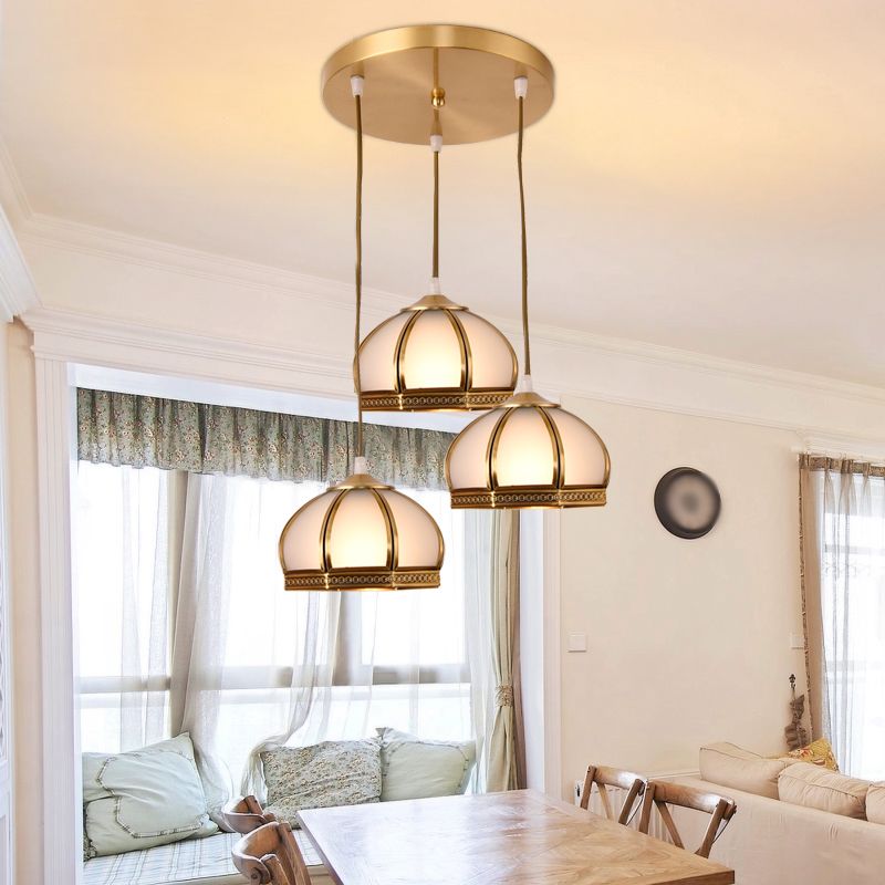 Dome Shaped Dining Room Flush Mount Lighting Classic Metallic Gold Semi Flush Mount with Opal Glass Shade
