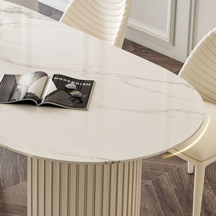 Oval Double Pedestal Modern Dining Table White Fixed Table with Sintered Stone