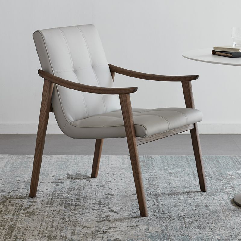 Nordic Style Solid Wood Faux Leather Arm Dining Chair in Brown for Home
