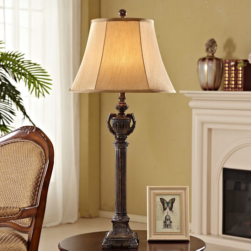 Column Living Room Table Light Vintage Resin 1 Light Bronze Reading Lamp with Flared Fabric Shade