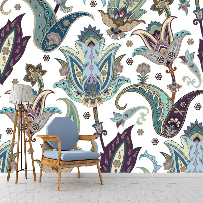 Blue-Green Bohemian Murals Full Size Paisley Flower Pattern Wall Covering for Home