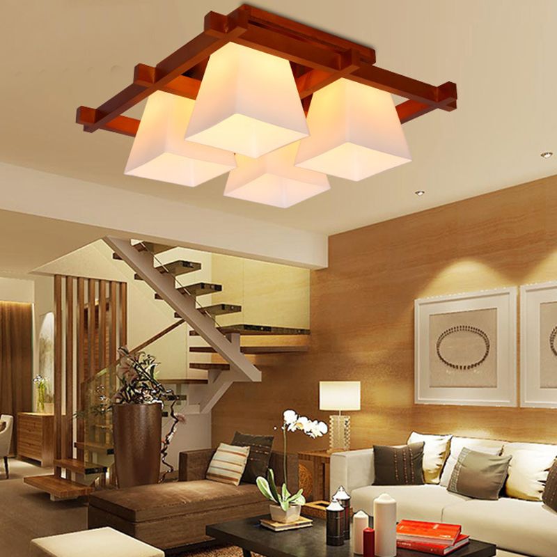 Red Brown Checkered Ceiling Fixture Modern Wooden Flush Mount Light with White Glass Shade