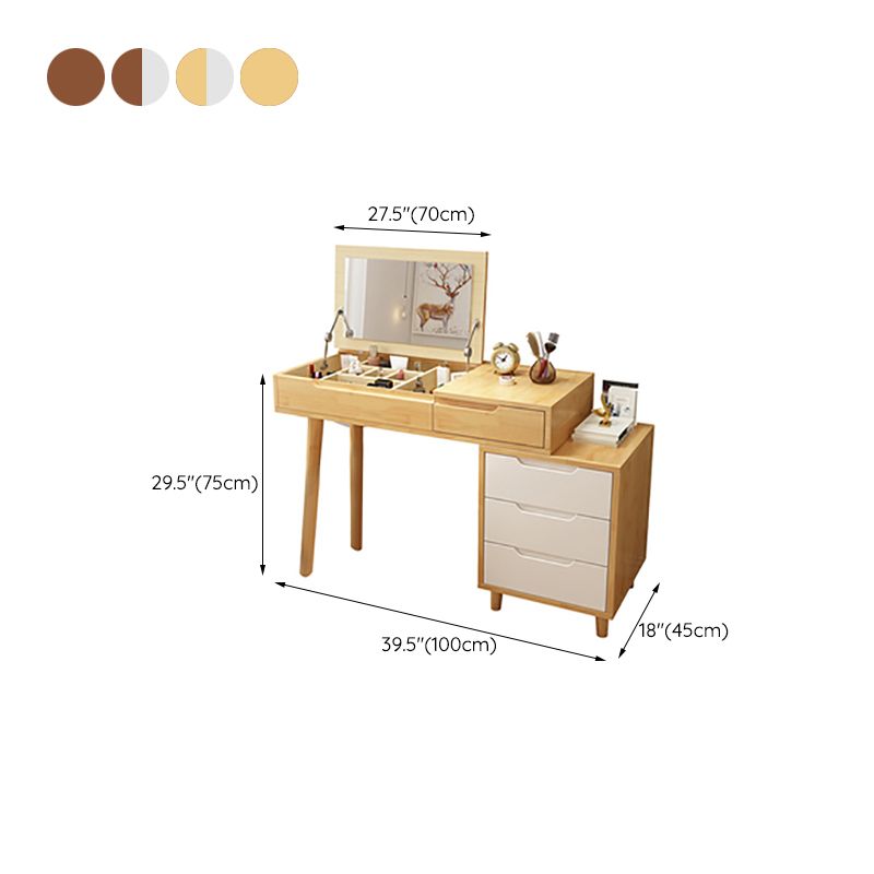 Scandinavian Wood Vanity Set Flip-Top Makeup Dressing Table with 4 Drawers