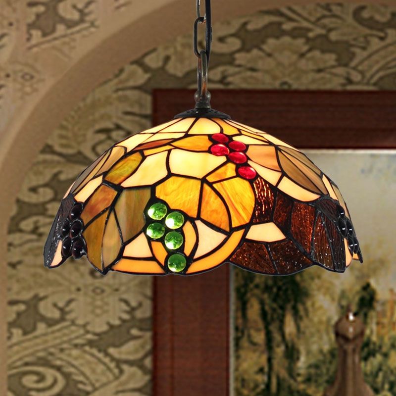 Tiffany 1-Light Pendant Lighting Grapes and Leaf Stained Glass Hanging Ceiling Light