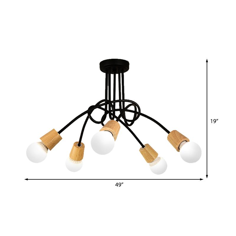 Metal Open Bulb Ceiling Light Fixture with Twisted Arm Loft Style 3/5 Lights Kitchen Semi Flush Pendentif Light in Wood