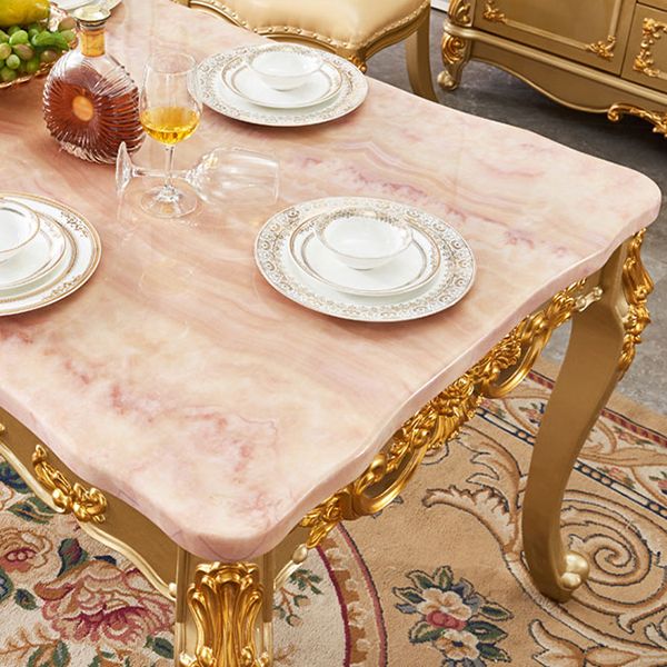 Solid Wood Victorian Rectangular Dining Table Marble Top Table with 4 Legs
