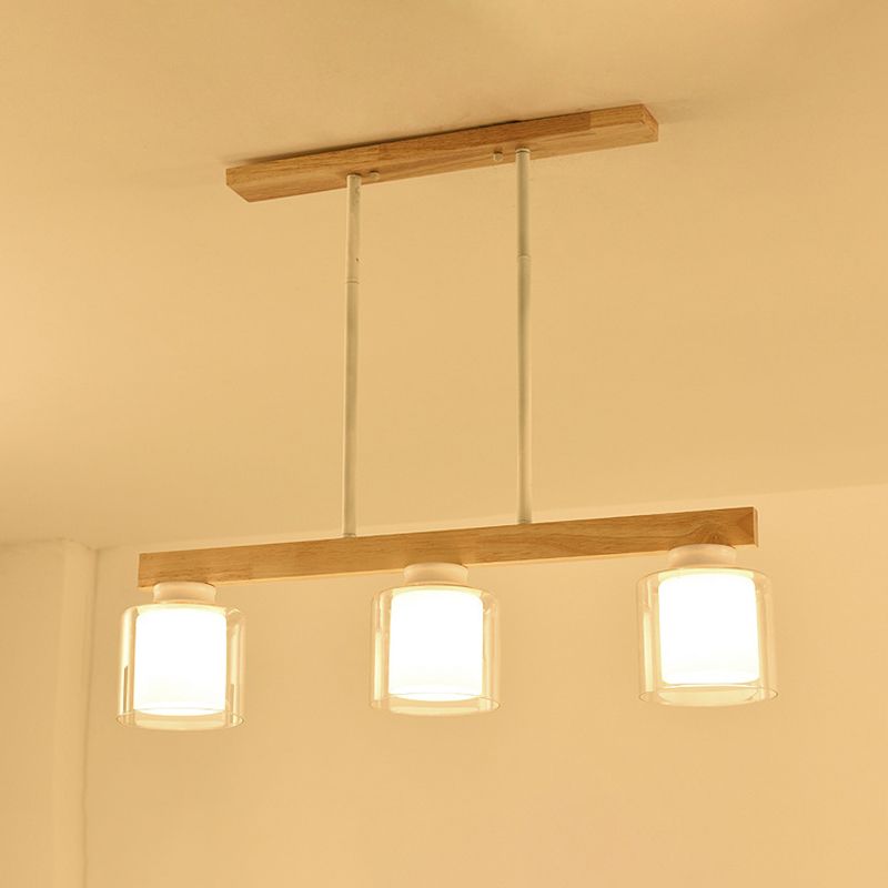 Nordic Linear Island Light Wood 3/4 Heads Dining Room Hanging Lamp with Cylinder White Glass Shade Inside