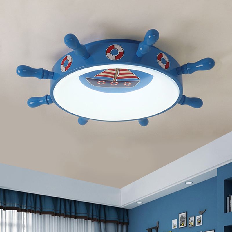 Kids Rudder Shape Flush Mount Fixture Metal LED Bedroom Flush Lighting in Dark Blue and Wood/Blue, White/Warm Light