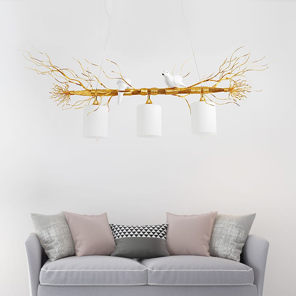 Cylinder Ceiling Island Pendant Modern 3-Head White Glass Hanging Light Fixture with Gold/Silver Branch