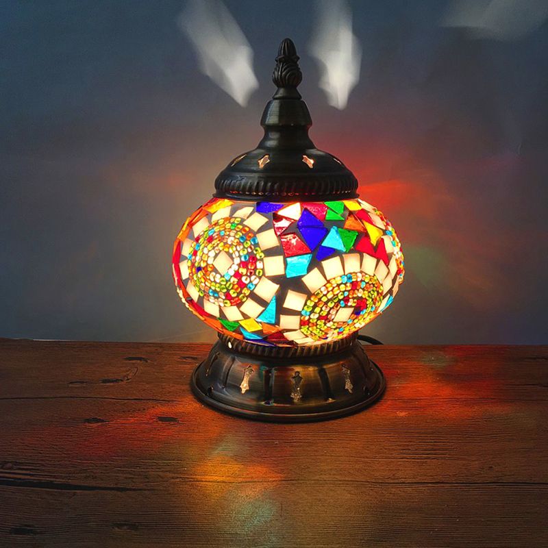 1 Head Globe Table Lamp Traditional Red/Orange/Light Blue Stained Class Nightstand Lamp for Bedroom