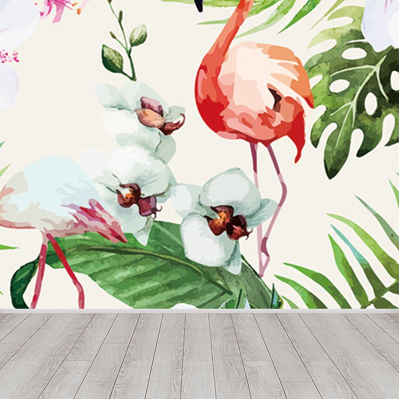Tropical Botanics Flamingo Mural Decal for Girls Room Custom Wall Covering in Soft Color