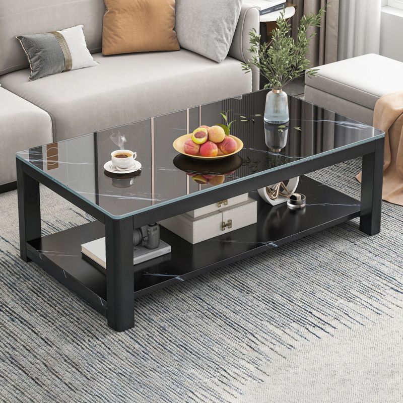 Rectangular Black Metal 4 Legs Base Design with Storage Shelf Coffee Table